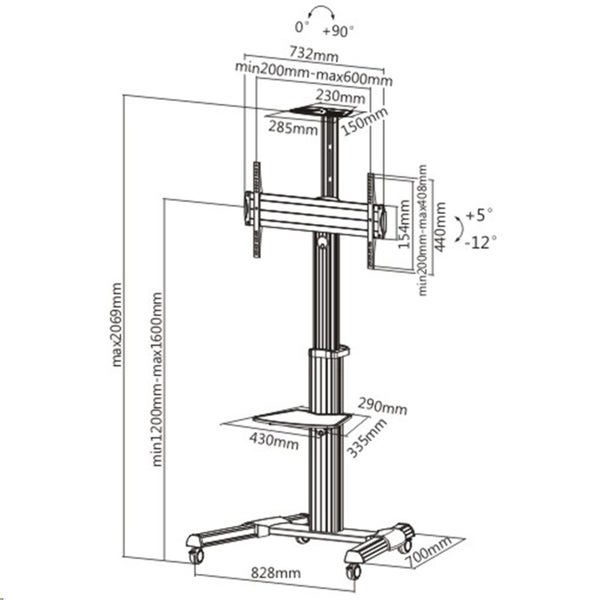 Brateck TTV04-46TW 37-70" Telescopic Height Adjustable TV Cart. Max VESA Carousel 2