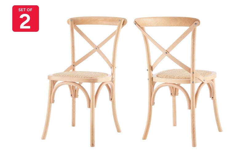Set of 2 Matt Blatt Melrose Cross Back Dinning Chairs (Natural Beech/Rattan Carousel 2