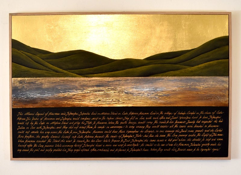 THE MAORI LEGEND OF HINEMOA AND TUTANEKAI - GOLD LEAF - FLOATING FRAME - LARGE Carousel 1