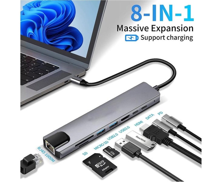 8in1 USBAdapter 4K HDMI PD USBPort USB 3.0 RJ45 SD/TF Card Reader Doc Carousel 2