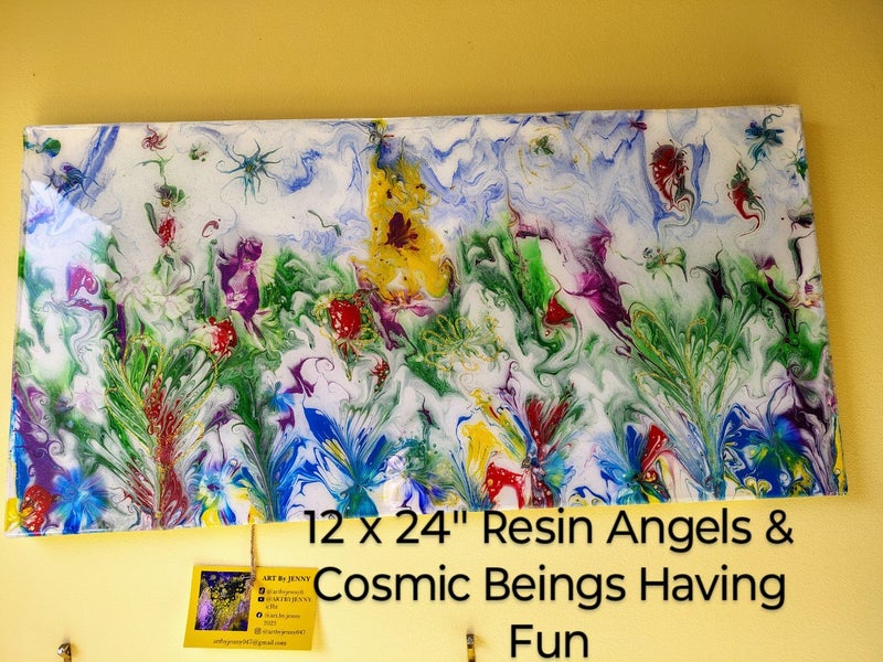 ART ABSTRACT ACRYLIC WITH RESIN..12" X 24" COSMIC BEINGS HAVING FUN Carousel 1