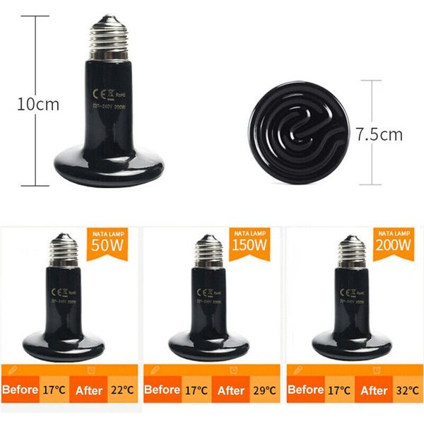 50-200W Black Emitter Lamp Ceramic Brooder Infrared Light Reptile Incubator Heat Carousel 8