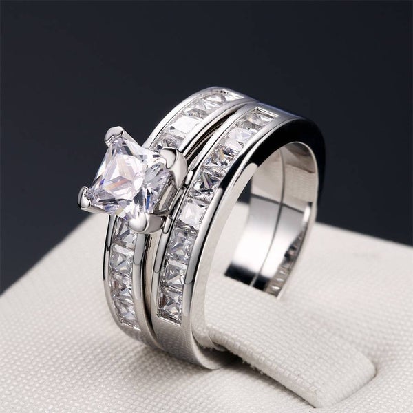Princess Round Cut AAA CZ Stainless Steel Wedding Band Ring Set Women Size 6-10 Carousel 1
