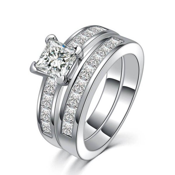 Princess Round Cut AAA CZ Stainless Steel Wedding Band Ring Set Women Size 6-10 Carousel 2