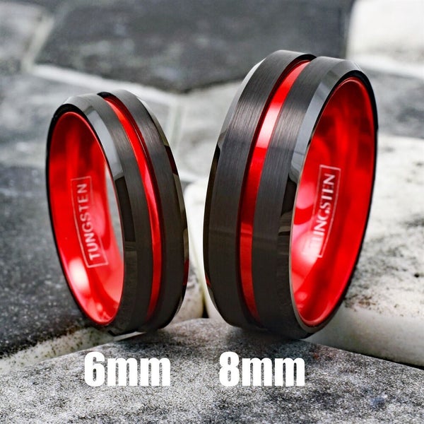 Black Tungsten Carbide Mens Thin Red Line Band Ring-Firefighters First Responder Carousel 1