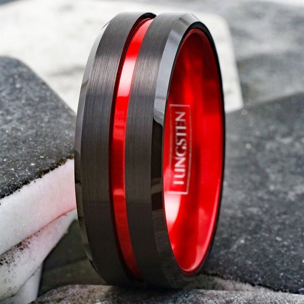 Black Tungsten Carbide Mens Thin Red Line Band Ring-Firefighters First Responder Carousel 2