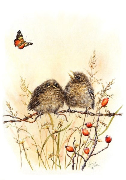 Baby Birds & Butterfly Print - Nursery Art (A4) Carousel 1