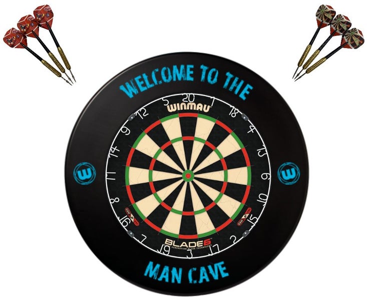 Winmau Blade 6 Dart Board + Man Cave Dartboard Surround + Darts Set Carousel 1