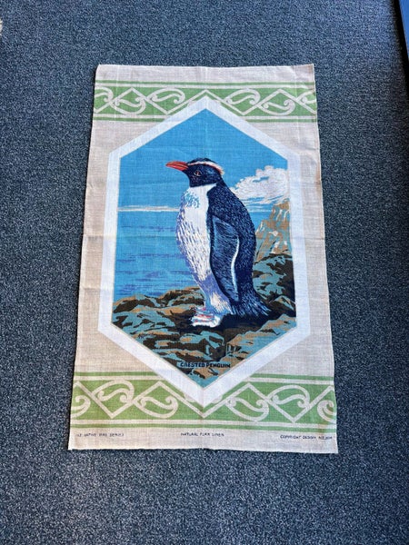 NZ Natural Flax Linen Crested Penguin Tea Towel Carousel 1