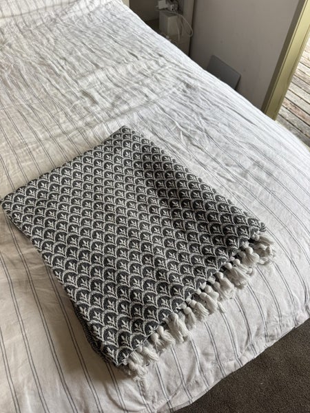 Stunning vintage French organic cotton patterned throw blanket grey and white Carousel 1