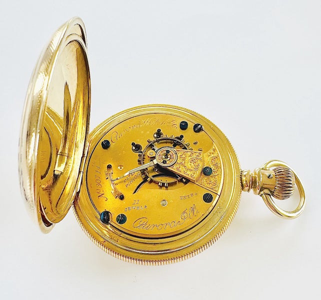 Large 1885 Antique Gold Filled AURORA Watch Co. Pocket Watch Carousel 3