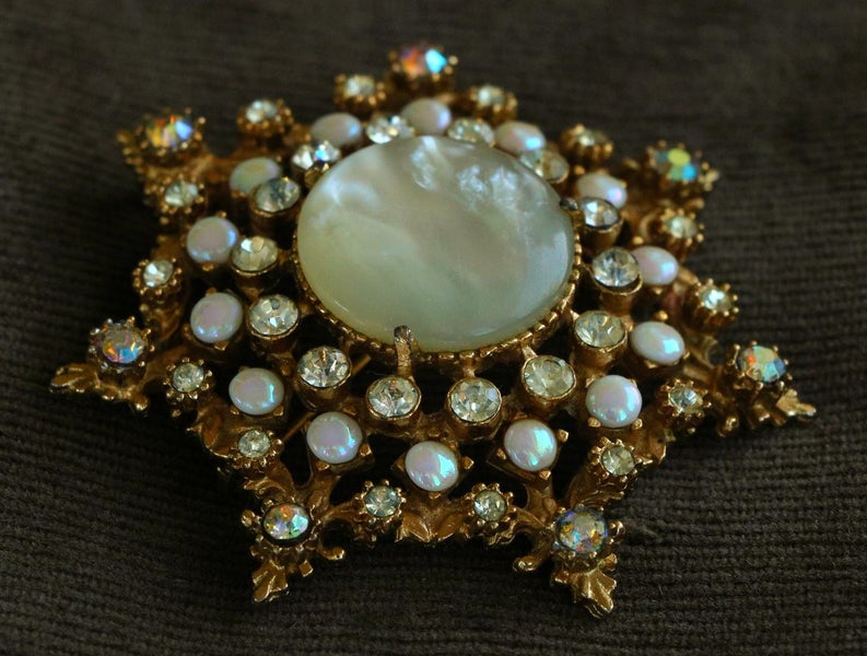 Vintage 50s 60s Signed Florenza Brooch Pendant Necklace Irridescent Star Cluster Carousel 6