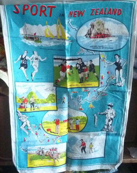 Vintage 50s Sports of NZ Tea Towel Carousel 1