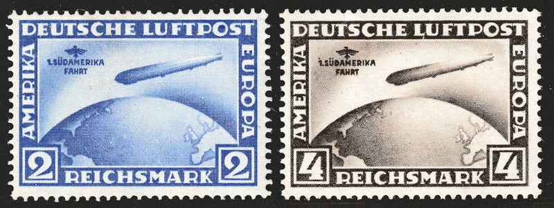 GERMANY 1930 GRAF ZEPPELIN "FIRST SOUTH AMERICAN FLIGHT" PAIR MINT. SG 456&457. Carousel 1
