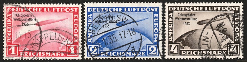 GERMANY 1933 GRAF ZEPPELIN "CHICAGO WORLD FAIR" SET OF 3 USED. SG 510 - 512. Carousel 1