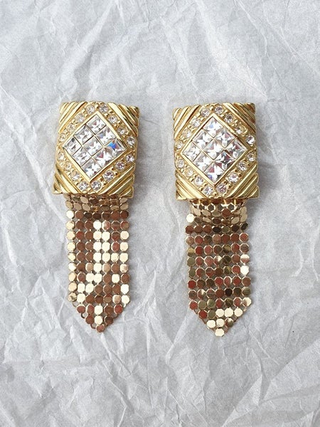 Vintage WHITING & DAVIS Signed Gold Mesh & Rhinestones Dangling Clip On Earrings Carousel 2