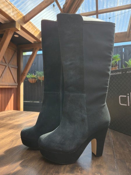 City Chic Wide Fit GENUINE LEATHER Suede Knee Boots Black Size 38 Carousel 1