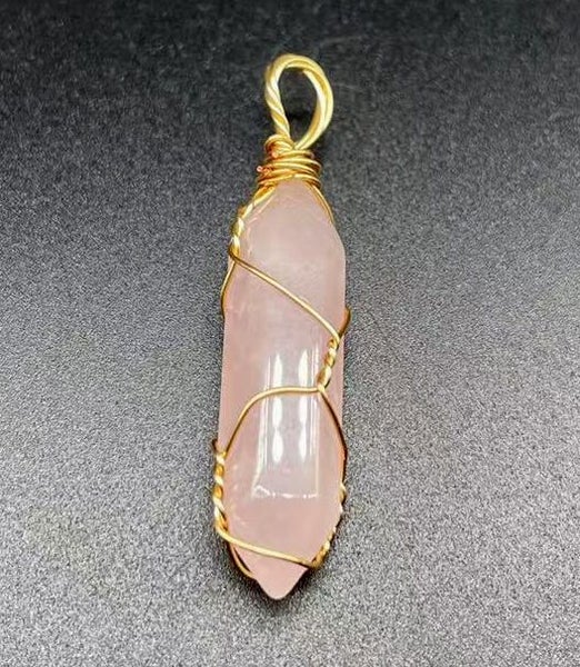 Gold Wired Genuine Natural Pink Quartz Point Pendant Carousel 1