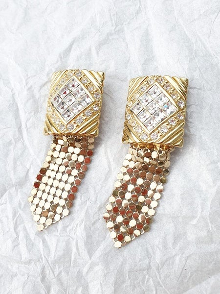 Vintage WHITING & DAVIS Signed Gold Mesh & Rhinestones Dangling Clip On Earrings Carousel 1
