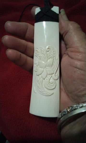 Large handcarved bone pendant flower design Carousel 4