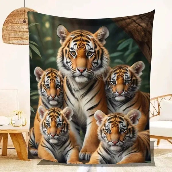 A Great Tiger Mother And Four Little Tigers Themed Throw Blanket - Brand New Carousel 1