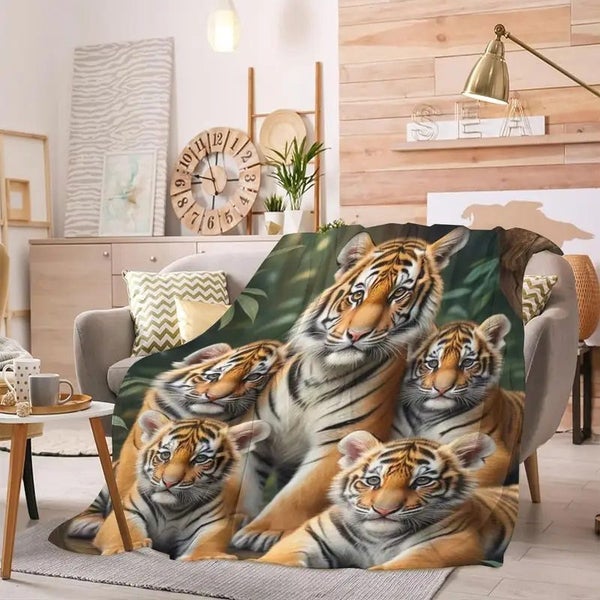 A Great Tiger Mother And Four Little Tigers Themed Throw Blanket - Brand New Carousel 2