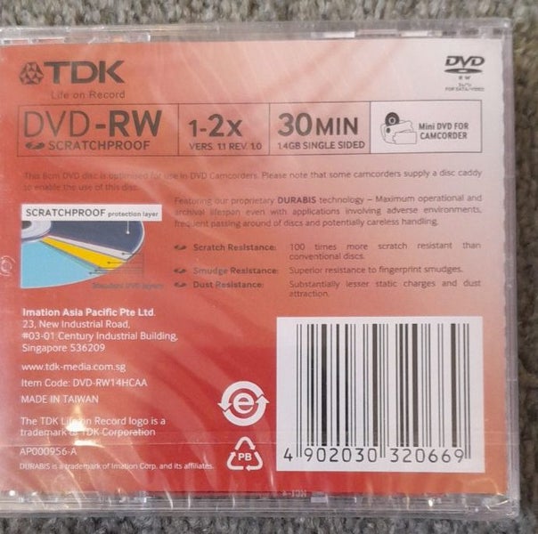 TDK DVD-RW Blank 8cm Mini Disc for Sony/Samsung Video Cameras/Camcorders -Sealed Carousel 2