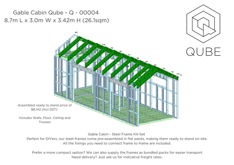 Gable Cabin - Steel Frame Kitset 8.7m x 3m Carousel 1
