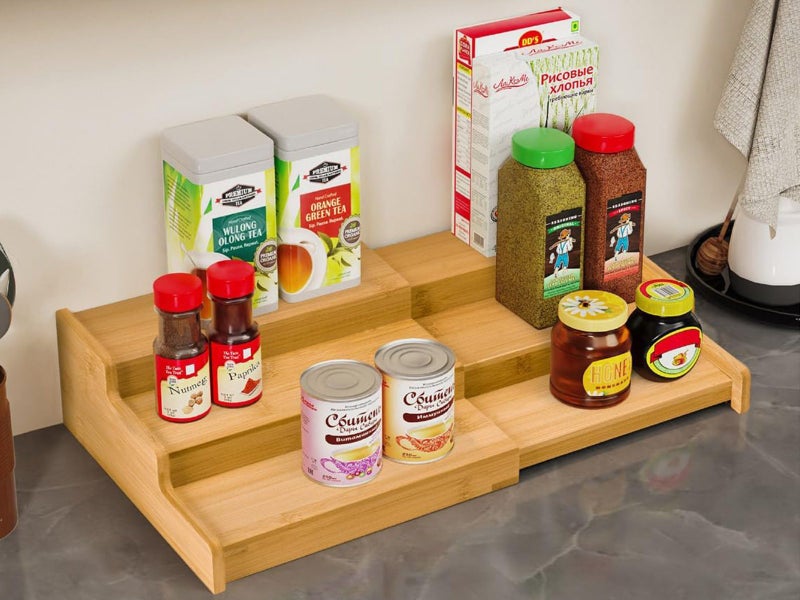 3-Tier Expandable Bamboo Spice Rack Organizer Adjustable Kitchen Cabinet Storage Carousel 5
