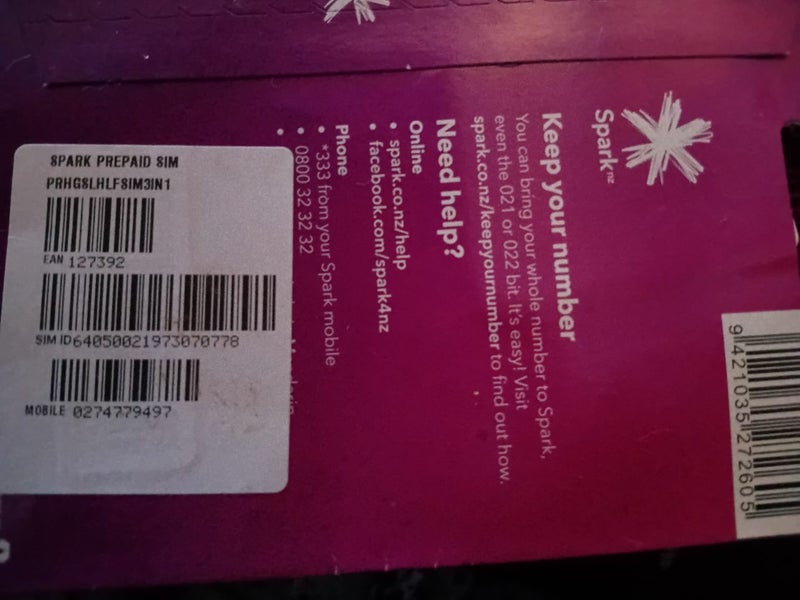 Prepaid spark sim, easy number Carousel 2
