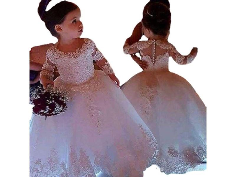 White Flower Girl Dresses For Weddings Tulle Lace Half Sleeve Gowns For Kids Carousel 2