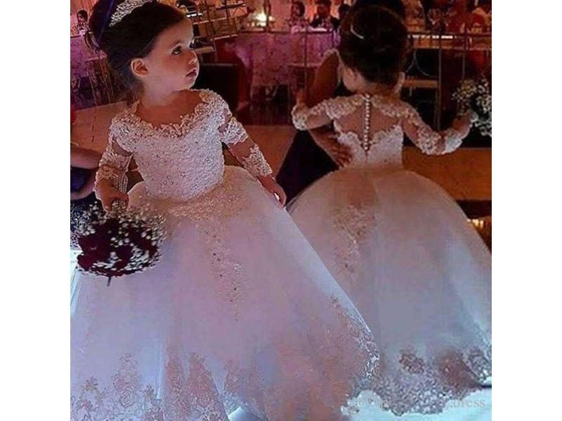 White Flower Girl Dresses For Weddings Tulle Princess Lace Half Sleeve Holy Carousel 1