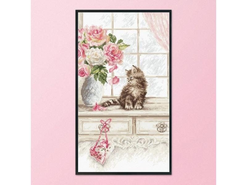 11CT Eco Cotton Thread Stamped Print Cat Pink Flower Handmade Embroidery Kit Carousel 1