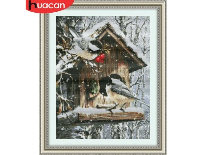 HUACAN Cross Stitch Bird Animal Needlework Sets For Full Embroidery Winter Carousel 2