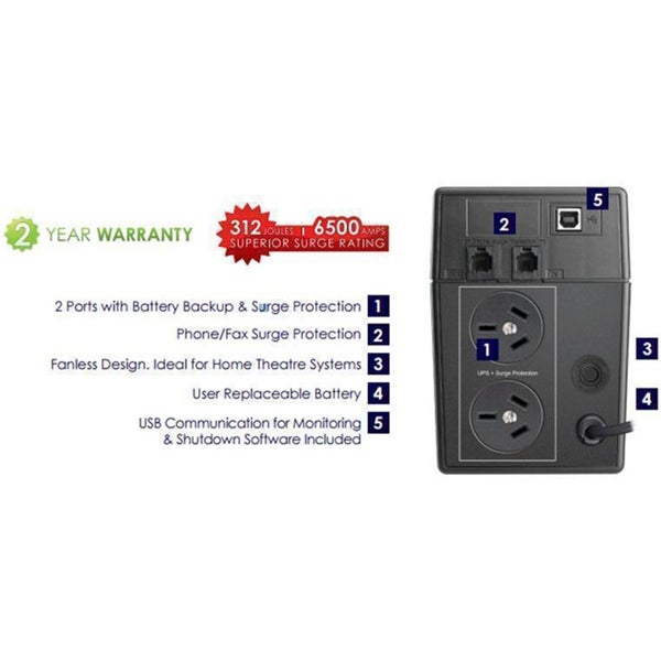 Dynamix Defender 650VA (390W) Line Interactive UPS, 312 Joules Surge Protection, Carousel 2