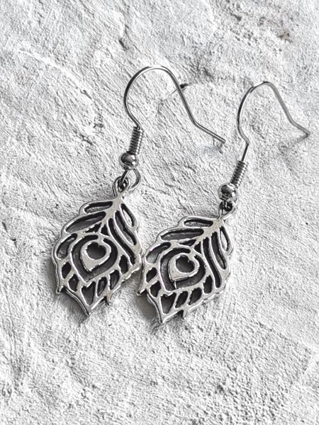 Beautiful Peacock Feather Silver Earrings Carousel 1