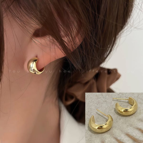Chunky Gold Crescent Hoop Stud Earrings in Bold Polished Finish Carousel 1