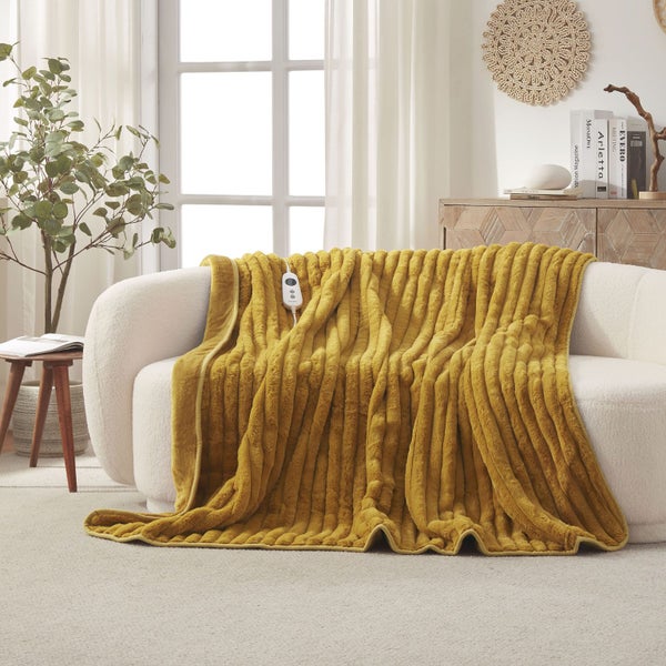 Dreamaker Chunky Embossed Fleece Heated Throw Mustard Gold 200 x 180cm Carousel 1