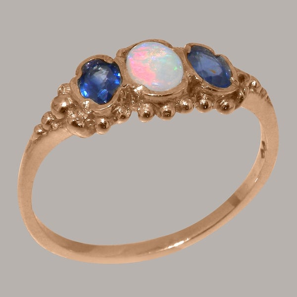 9ct Rose Gold Opal & Sapphire ring Womens Trilogy Ring - Size Y 1/2 Carousel 1