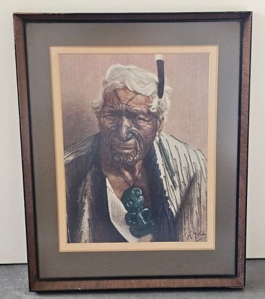 C.F. Goldie Framed Lithograph. Titled 'In Doubt' from 1938. Atama Paparangi. Carousel 1