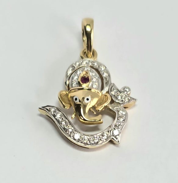 $3,100 18ct Yellow Gold Ruby & Diamond Indian (Hindu) Om Ganesh Pendant - 175676 Carousel 1