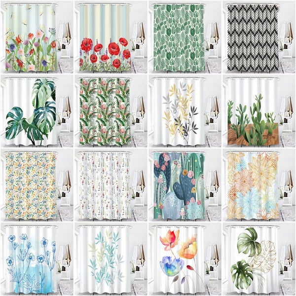 Flower Leaves Shower Curtain Waterproof Fabric Bath Curtains w/Hooks Home Decor Carousel 1