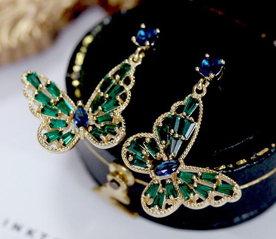*CLEARANCE* Butterfly Emerald & Blue Sapphire Earrings / 925 Silver Gold Plated Carousel 2