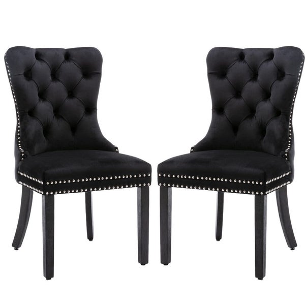 2X Velvet Upholstered Tufted Kithcen With Solid Wood Legs Stud Trim And Ring Bla Carousel 1