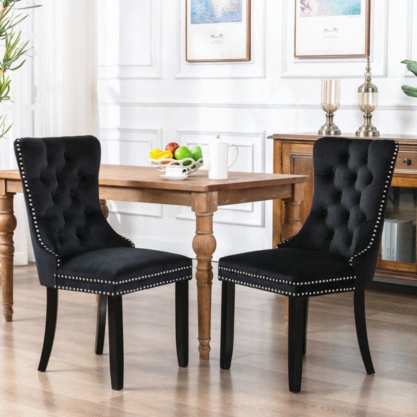 2X Velvet Upholstered Tufted Kithcen With Solid Wood Legs Stud Trim And Ring Bla Carousel 8