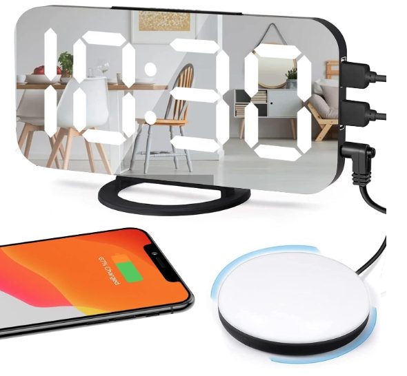 Loud Digital Alarm Clock with Bed Shaker,2 USB Charger, Adjustable LED Light W Carousel 1