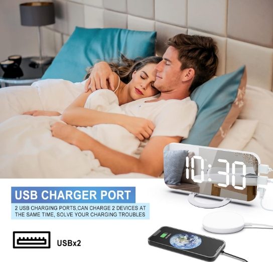 Loud Digital Alarm Clock with Bed Shaker,2 USB Charger, Adjustable LED Light W Carousel 8