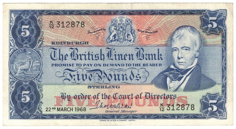 Scotland British Linen Bank 5 pounds 1968 2-month type First prefix SC207 Carousel 1