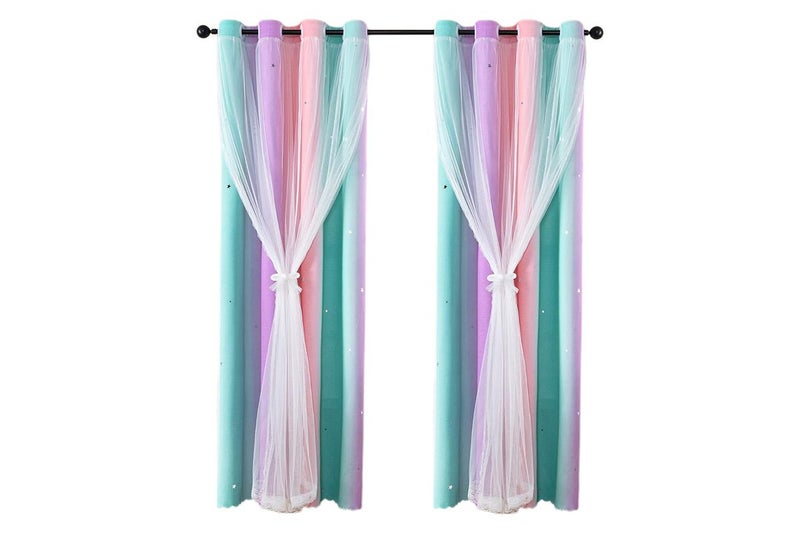 2Pcs Blackout Double Layer Curtains for Bedroom Rainbow Princess Room Decor Carousel 1