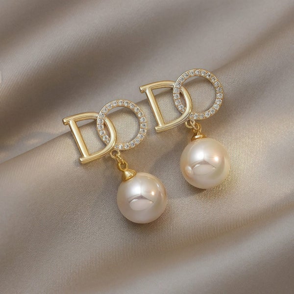 Retro Pearl Drop Earrings with Crystal Letter D Design Carousel 1